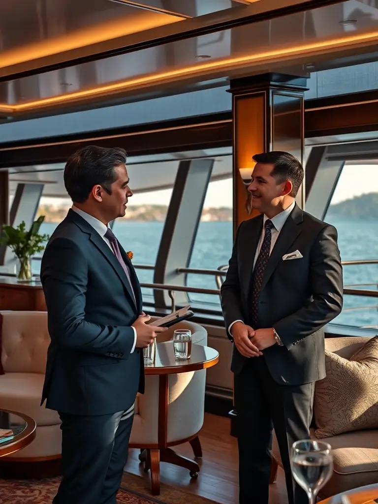 An image of a yacht concierge arranging exclusive experiences for guests, such as reservations at top restaurants or private tours, showcasing the personalized service and attention to detail.