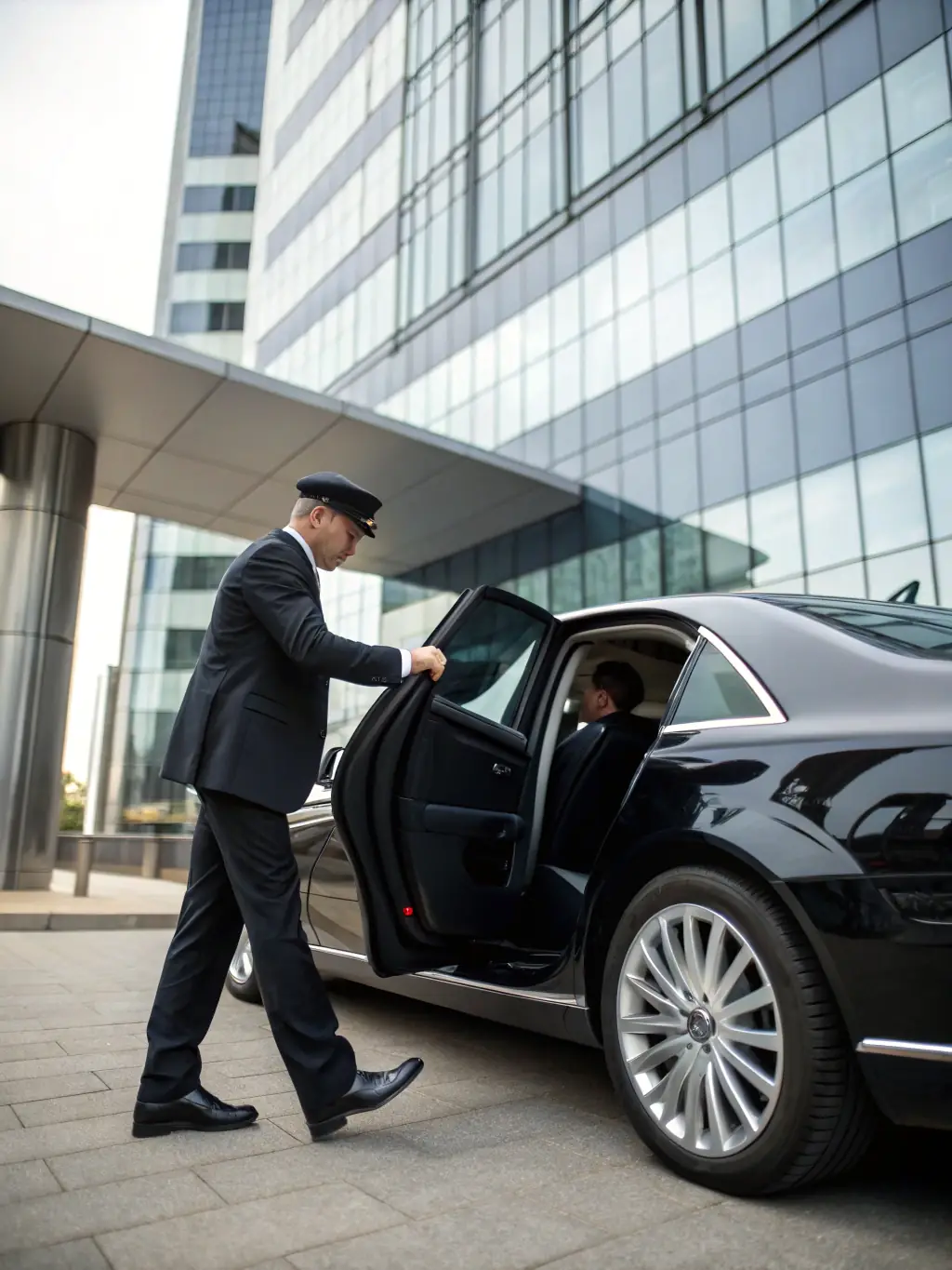 A well-dressed chauffeur opening the door of a luxury vehicle for a client at a busy city street, highlighting the professional chauffeur services.