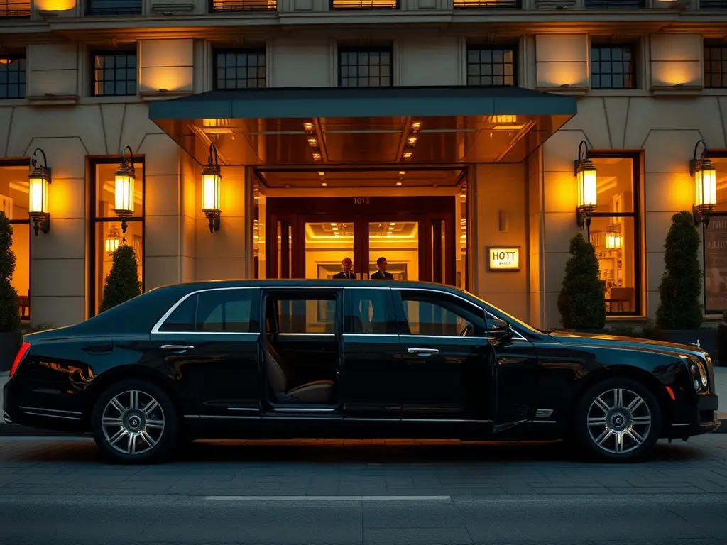 A sleek, black limousine parked in front of a luxury hotel at dusk, with soft, warm lighting highlighting the vehicle's polished exterior and the hotel's elegant facade.