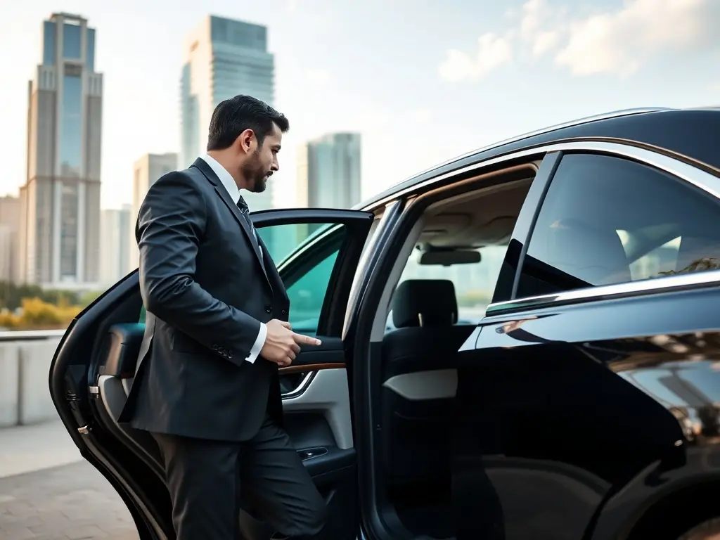 A professional chauffeur in a crisp uniform opening the door of a luxury sedan for a business executive in front of a modern office building.