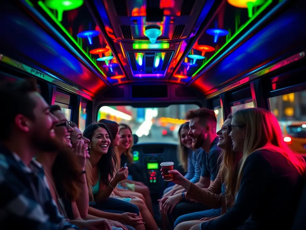 A beautifully decorated party bus with colorful lights and happy people inside, driving through a vibrant city street at night.