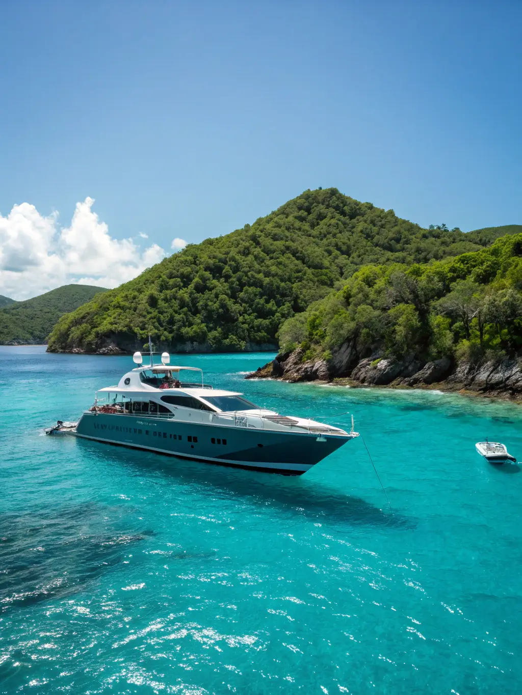 A high-resolution photo of a luxury yacht sailing on crystal-clear turquoise waters, showcasing its elegant design and the beautiful scenery, emphasizing the freedom and opulence of yacht charters.